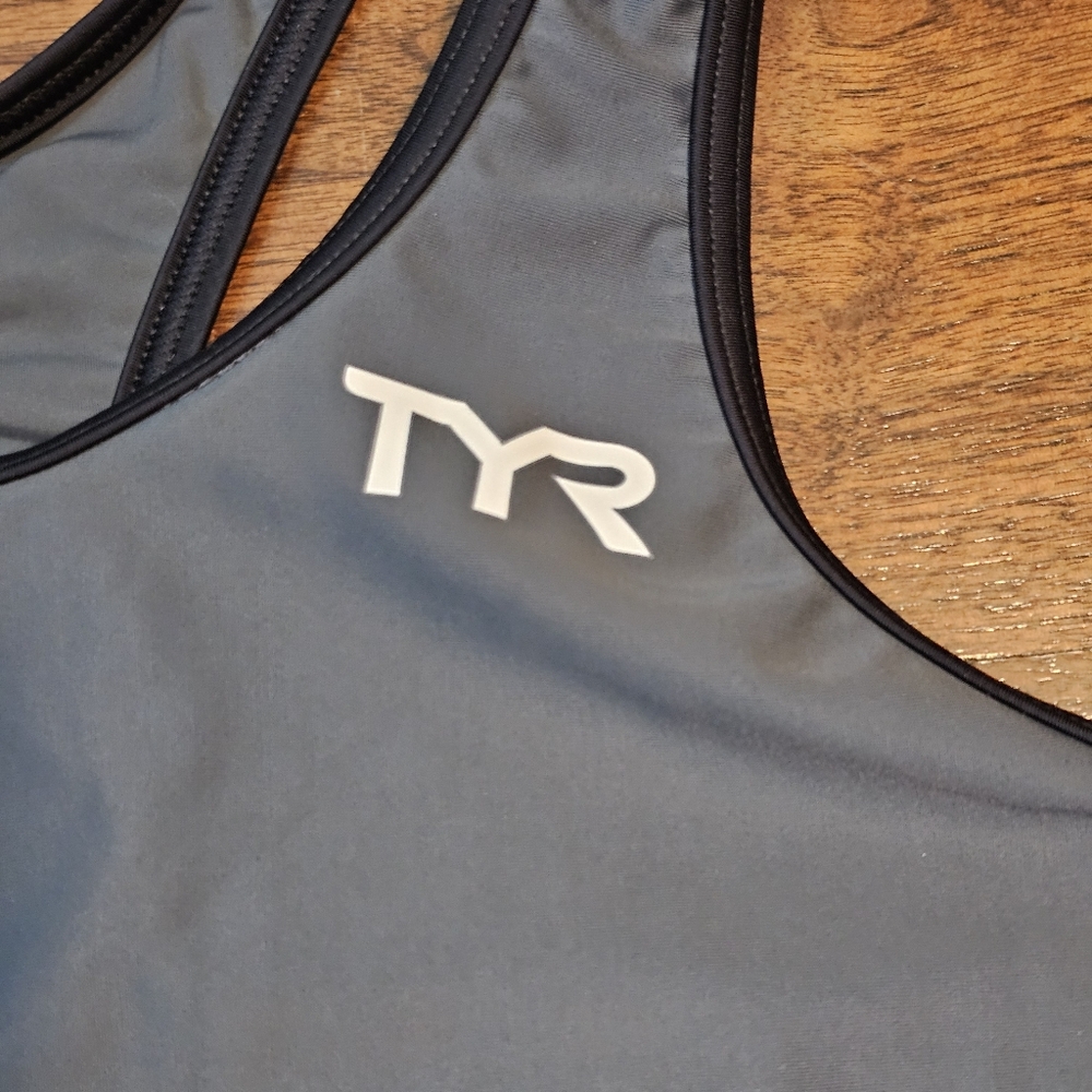 TYR Racerback Swimsuit Top Bra Gray Black with Logo Stretchy Spande Size XL - Picture 3 of 6